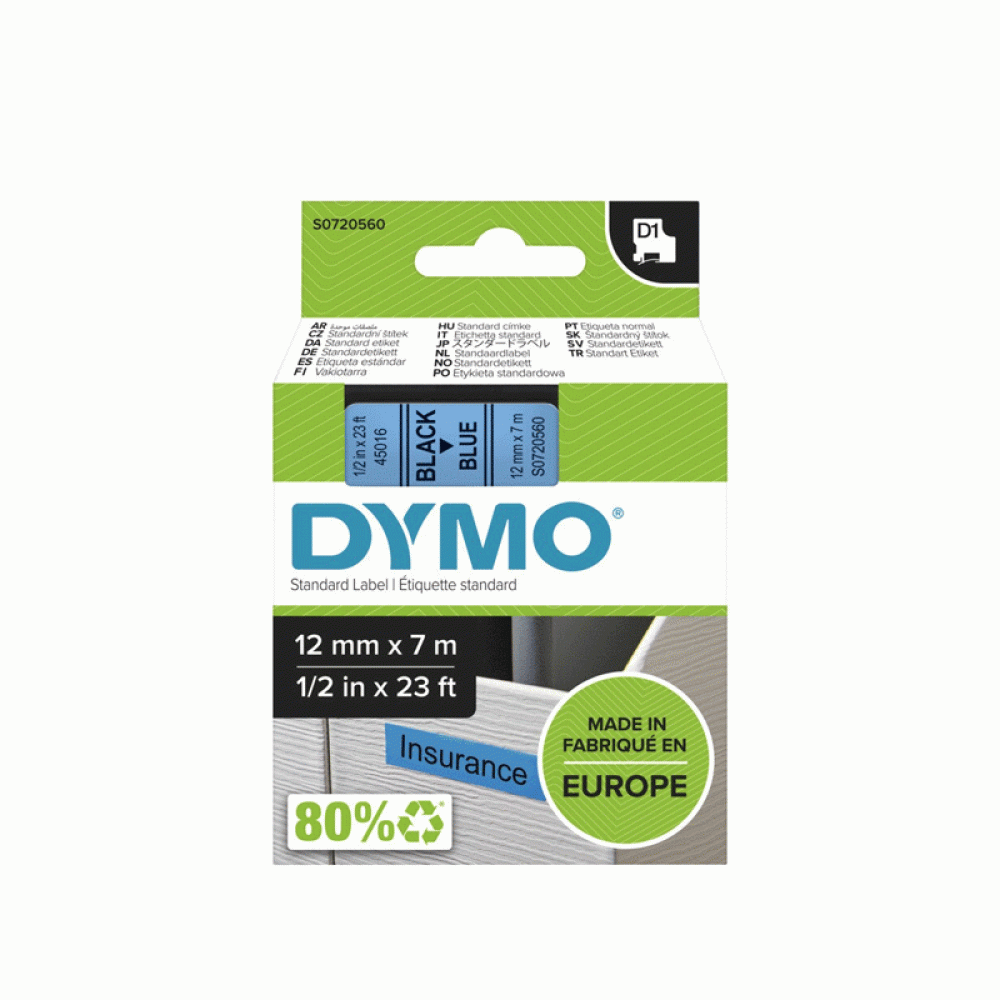 DYMO D1 Tape 45016 12MM X 7M TAPE, BLACK ON BLUE (S0720560)