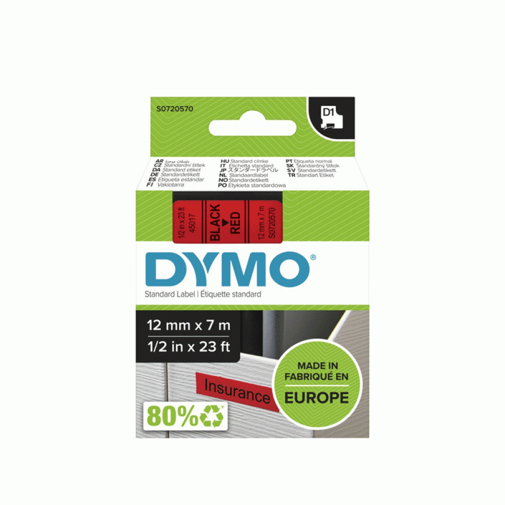 DYMO D1 Tape 45017 12MM X 7M TAPE, BLACK ON RED (S0720570)
