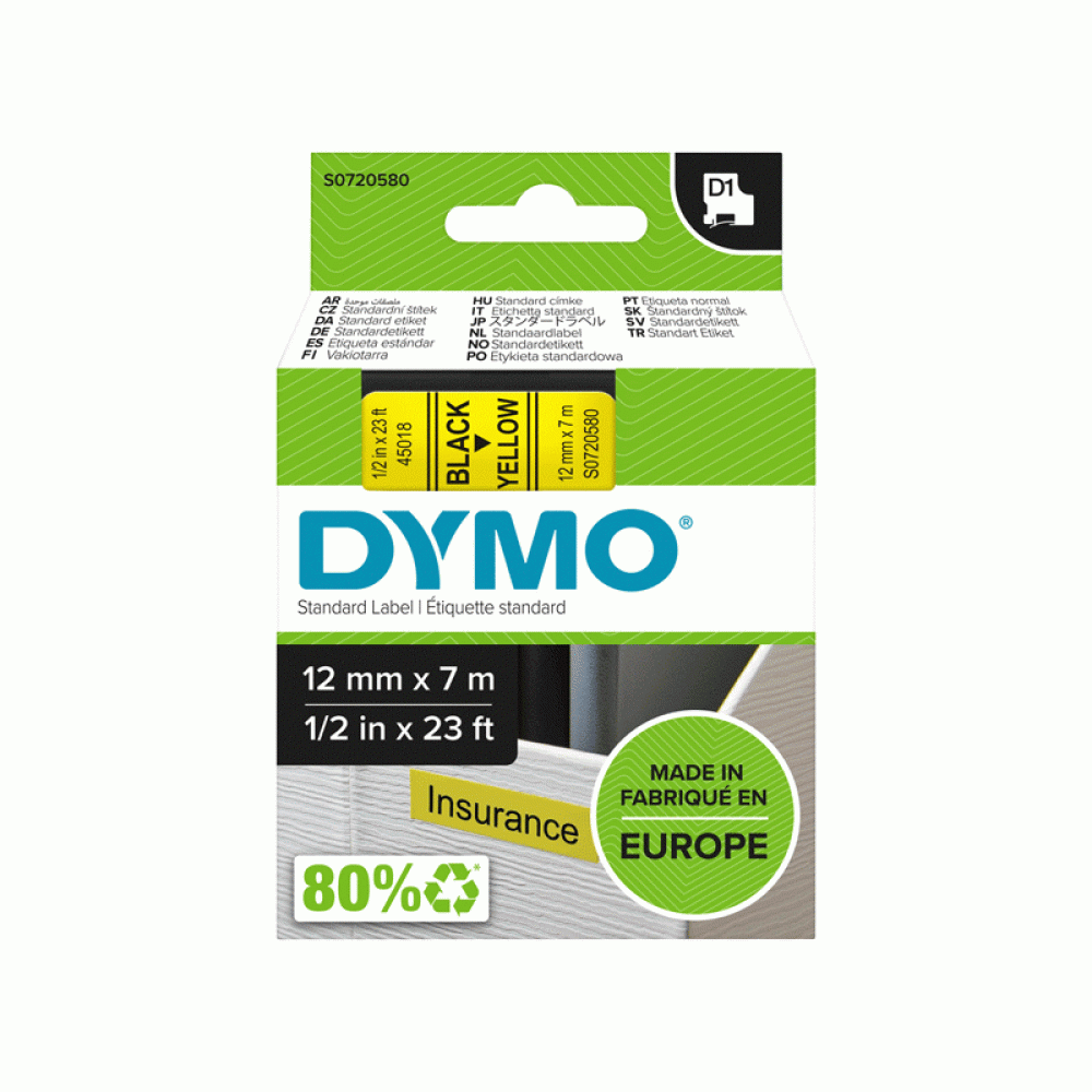 DYMO D1 Tape 45018 12MM X 7M TAPE, BLACK ON YELLOW (S0720580)