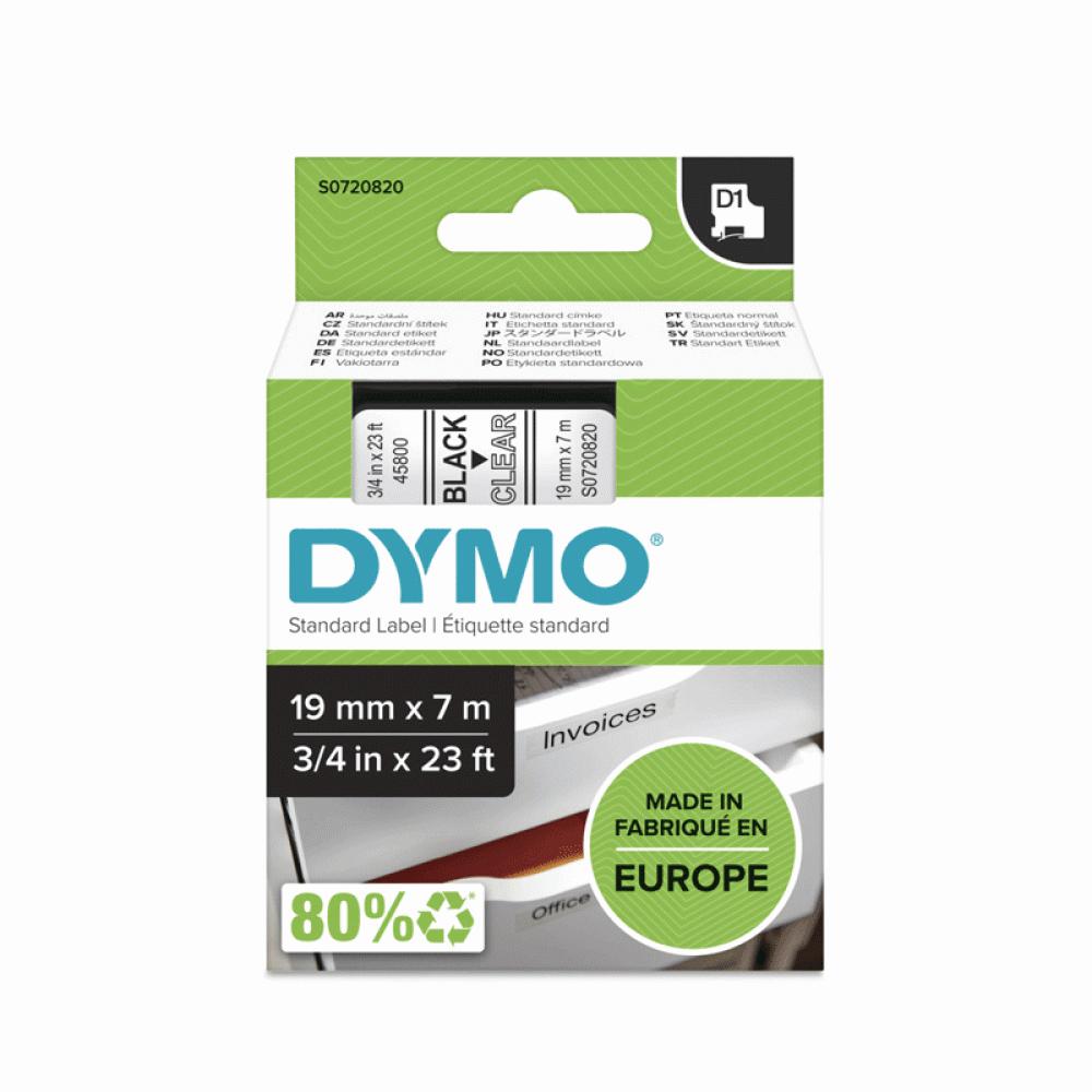 DYMO D1 Tape 45800 19MM X 7M, BLACK ON CLEAR (S0720820)