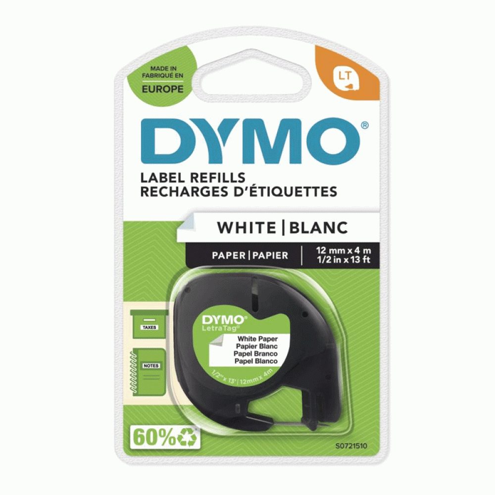 DYMO LetraTag Tape 91200 Paper Black on White 12mm x 4m (S0721510)