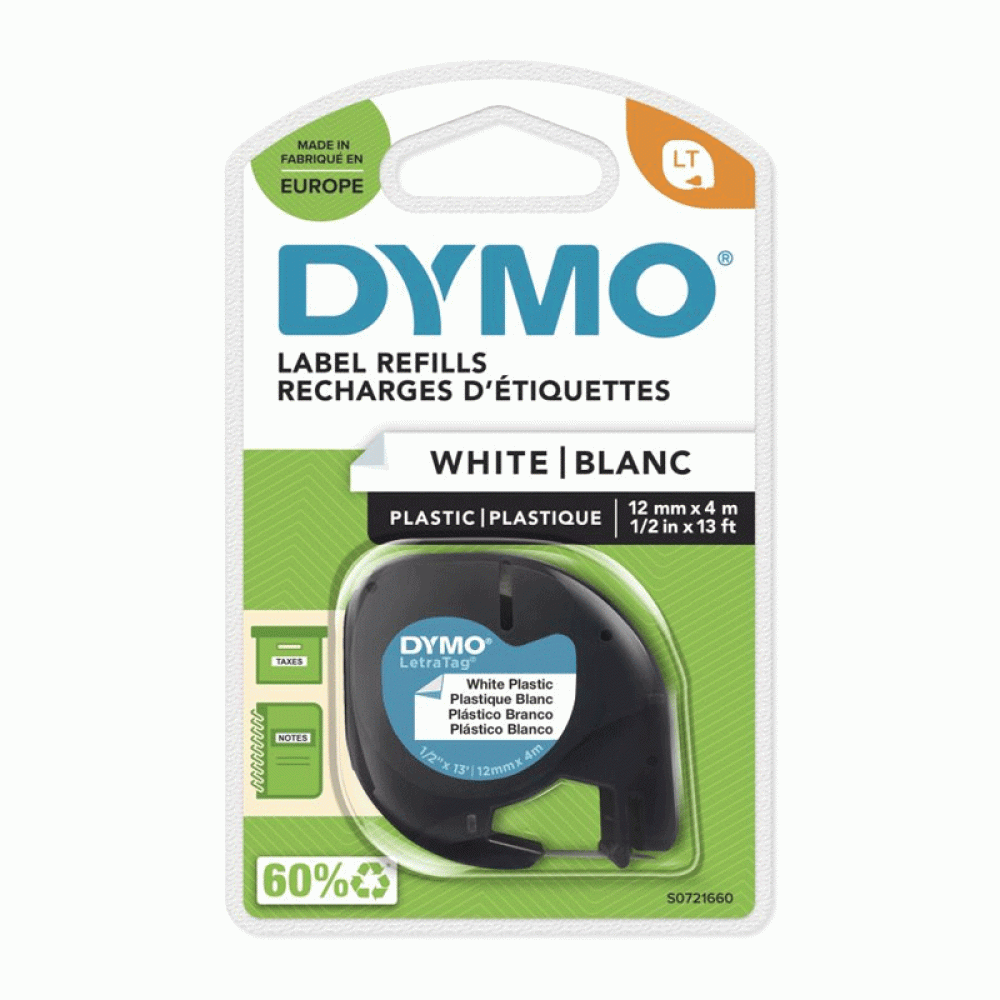 DYMO LetraTag Tape 91201 Plastic Black on White 12mm x 4m (S0721660)