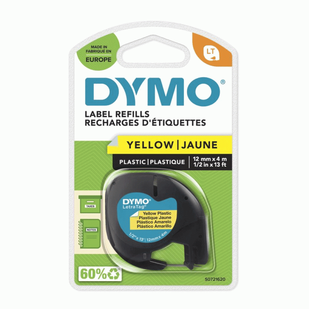 DYMO LetraTag Tape 91202 Plastic Black on Yellow 12mm x 4m (S0721620)