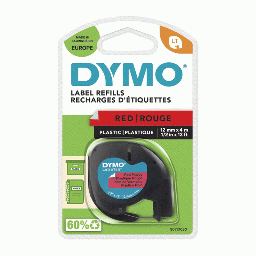 DYMO LetraTag Tape 91203 Plastic Black on Red 12mm x 4m (S0721630)