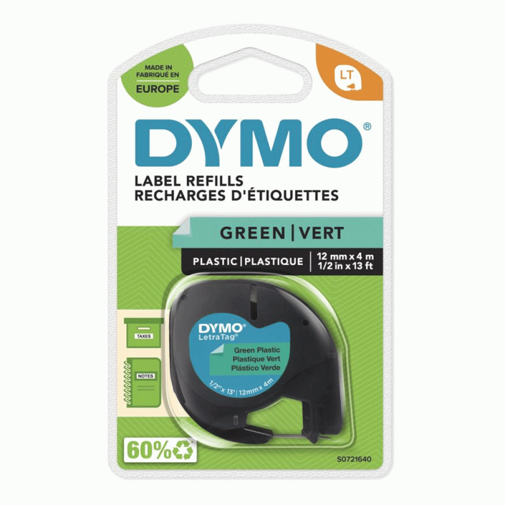 DYMO LetraTag Tape 91204 Plastic Black on Green 12mm x 4m (S0721640)