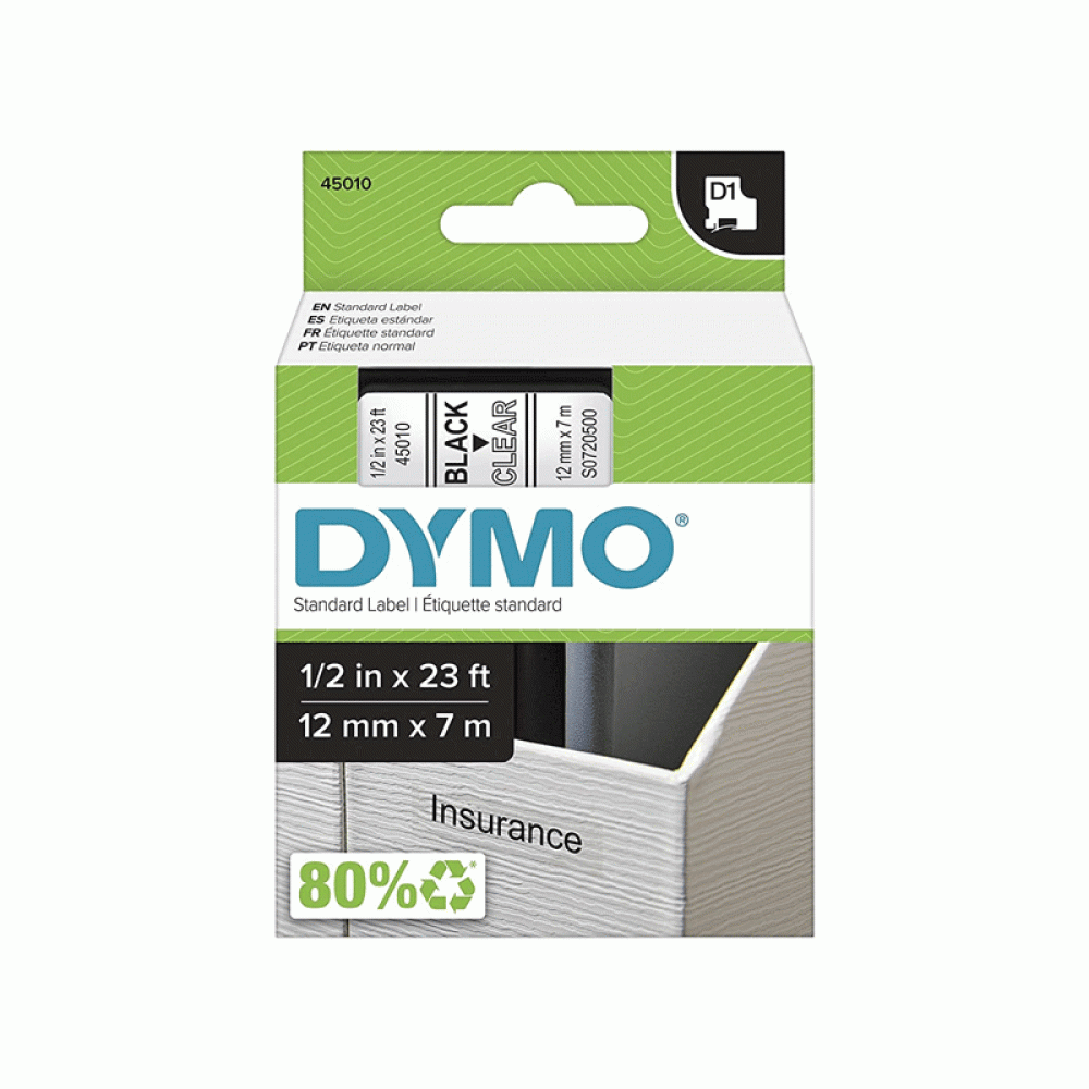 DYMO D1 Tape 45010 12mm x 7m Black on Clear (S0720500)