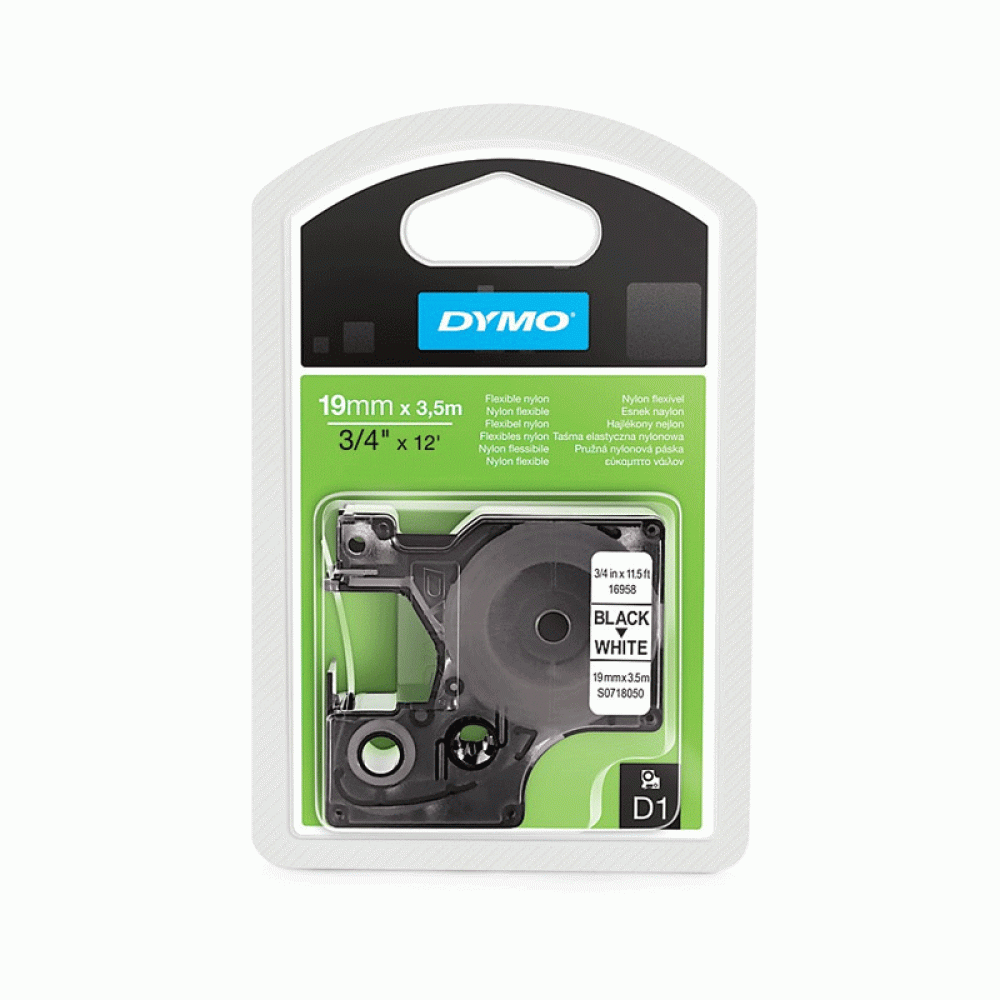 DYMO D1 S0718050 Flexible Nylon Tape 19mm x 3,5m Black on White (16958)