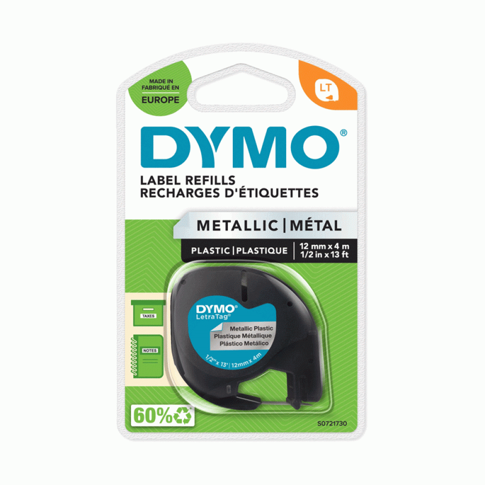 DYMO LetraTag Tape 91208 Plastic Black on Silver 12mm x 4m (S0721730)